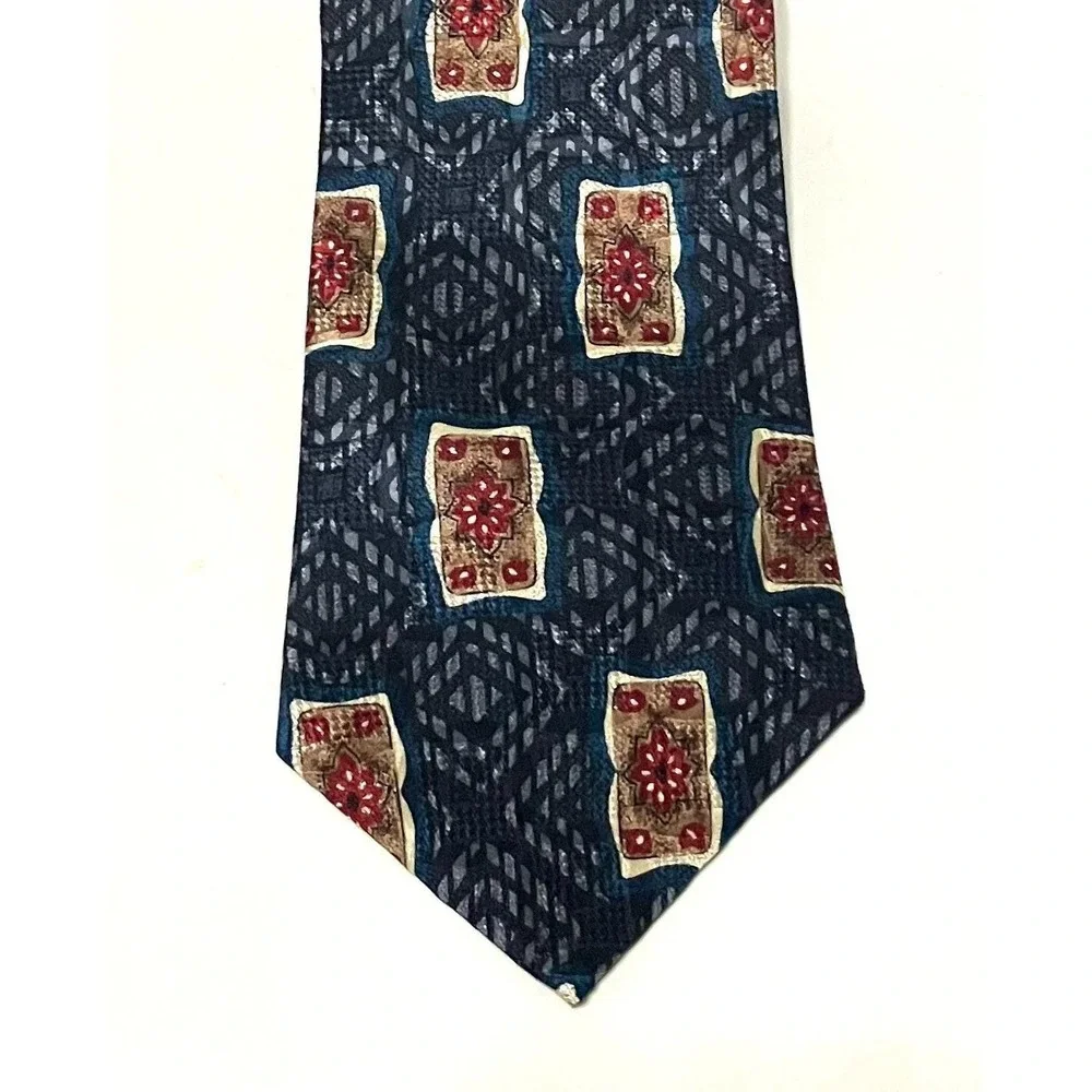 VTG  Spencer & Lowe Mens Silk Necktie Geometric Tile Blue Red Gold Floral Framed